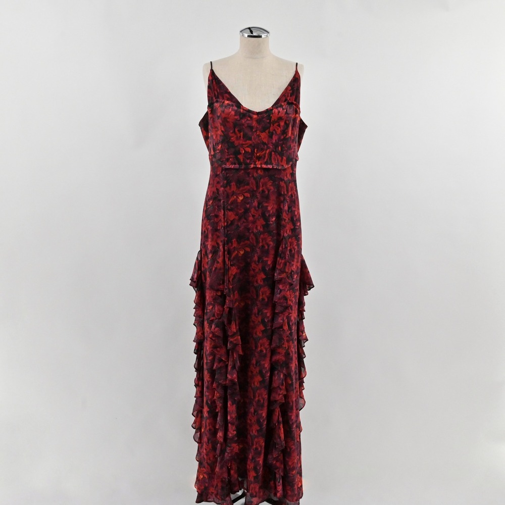 Cinq A Sept Stargazer Lilies Glenda Gown Womens Size 8 Red Silk Ruffle Tiered